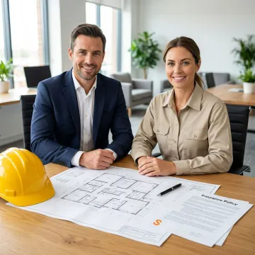 Insurance broker reviewing construction blueprints and builder's risk policy documents
