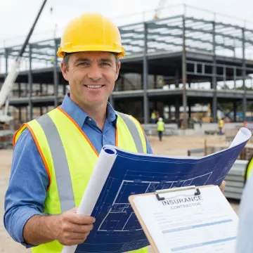 Contractor reviewing blueprints on a construction site with professional liability insurance documentation