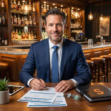 Insurance specialist reviewing liquor liability policy documents for a bar business