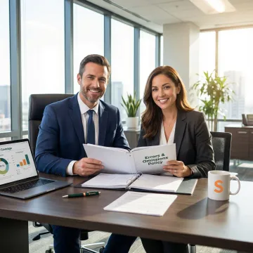 Insurance professional reviewing an E&O policy document with a business client