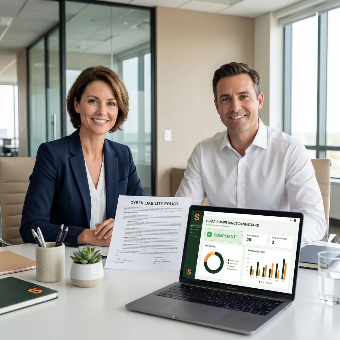 Insurance specialist reviewing a healthcare cyber liability policy document with a clinic administrator