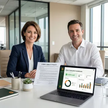 Insurance specialist reviewing a healthcare cyber liability policy document with a clinic administrator