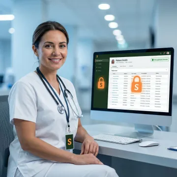 Healthcare professional reviewing patient data security on a secure medical workstation