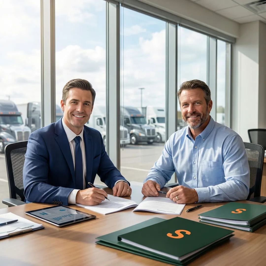 Insurance broker reviewing commercial truck policy documents with a fleet owner