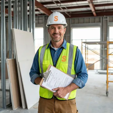 Drywall contractor reviewing commercial insurance documents on an active construction site