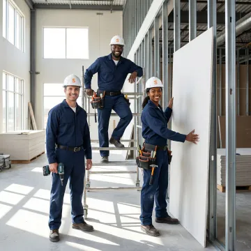 Drywall contractor crew installing panels on a commercial building interior