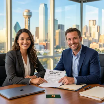 Small business owner in Texas reviewing general liability insurance policy with an insurance broker
