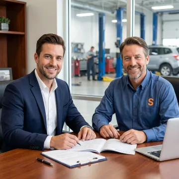 Insurance professional reviewing a coverage document with an auto repair shop owner