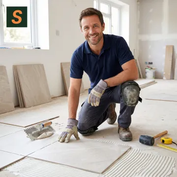 Tile installation contractor working on a floor tile project at a job site