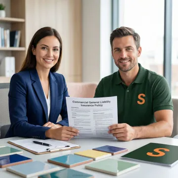 Insurance broker reviewing a liability policy document with a tile contractor