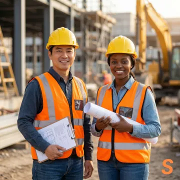 Construction workers on a job site in Brenham, TX reviewing insurance documents