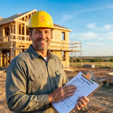 Contractor reviewing general liability insurance policy documents at a construction site