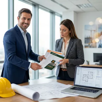 Insurance broker presenting a high-limit umbrella policy document to a construction project manager