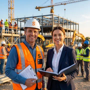 Construction site with workers in hard hats reviewing insurance documents with a broker