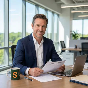Business owner reviewing general liability insurance policy documents in a North Carolina office