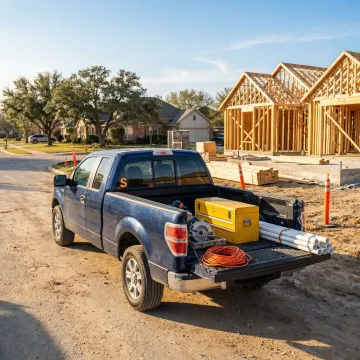 Contractor's work truck on a job site in The Woodlands, TX representing commercial auto insurance coverage