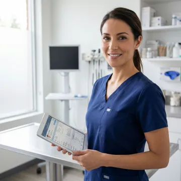 Physician assistant reviewing patient data on a secure digital tablet in a clinical setting