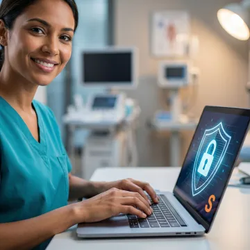 Healthcare professional securing patient data on a laptop with a digital lock icon overlay