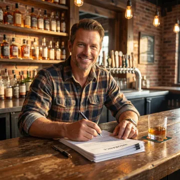 Texas bar owner reviewing insurance documents at a well-stocked tavern counter