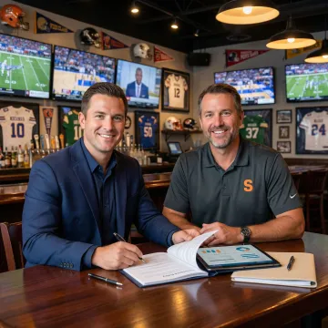 Insurance agent reviewing a sports bar coverage policy with a bar owner