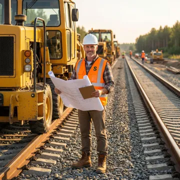 Railroad contractor reviewing property insurance documentation at an active rail job site
