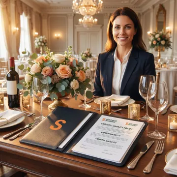 Insurance document and catering event setup illustrating liquor liability coverage