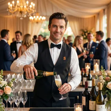 Caterer serving drinks at a catered event with guests in the background