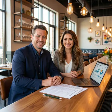 Insurance professional reviewing umbrella coverage policy documents with a restaurant owner at a bar counter