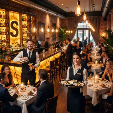 Busy restaurant and bar interior with staff serving guests during evening service