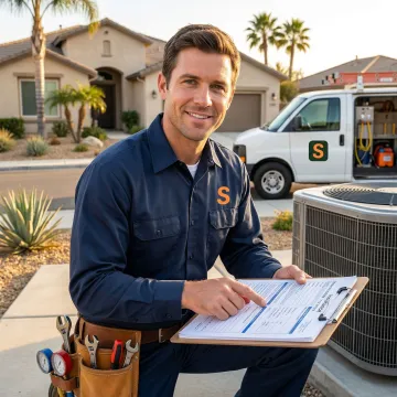 HVAC contractor reviewing insurance documents at a job site in California