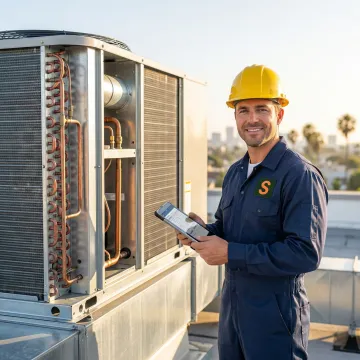 HVAC contractor working on a rooftop unit in California