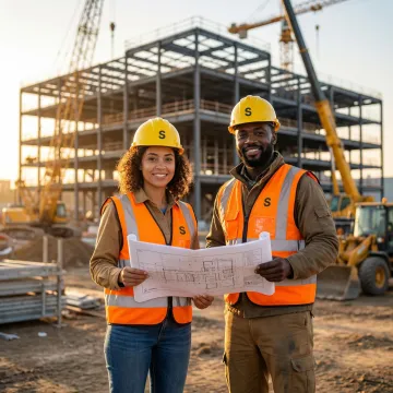 Construction workers on an active job site in Aggieland with safety gear and building structure in background