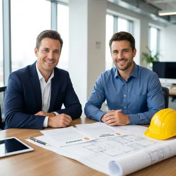 Insurance broker reviewing builder's risk policy documents with a construction project manager