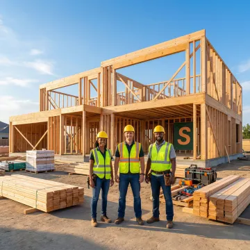 Builder's risk insurance for a new construction project site with framing and workers