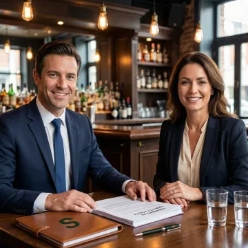Insurance professional reviewing bar liability policy documents with a bar owner