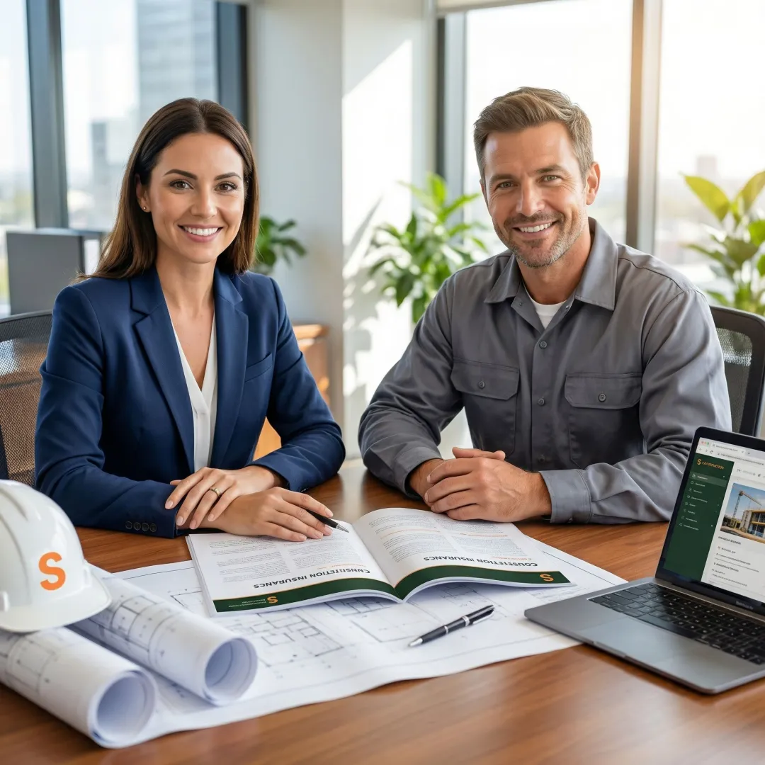 Insurance specialist reviewing contractor's all risk policy clauses with a construction contractor