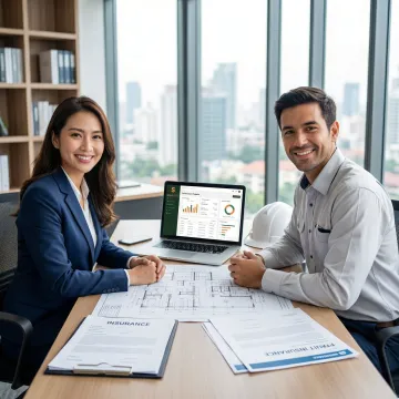 Insurance specialist and construction contractor reviewing a coverage program at a desk with blueprints and a laptop.