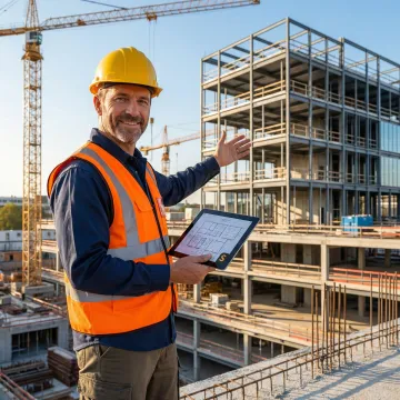 Construction contractor reviewing insurance documents on an active job site with cranes and building structure in the background.