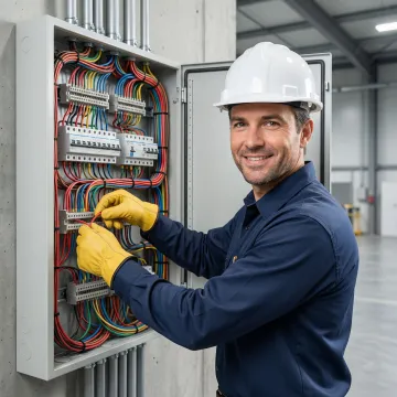 Electrical contractor working inside a commercial breaker panel with safety equipment