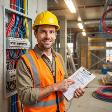 Licensed electrical contractor reviewing commercial insurance documents on a job site