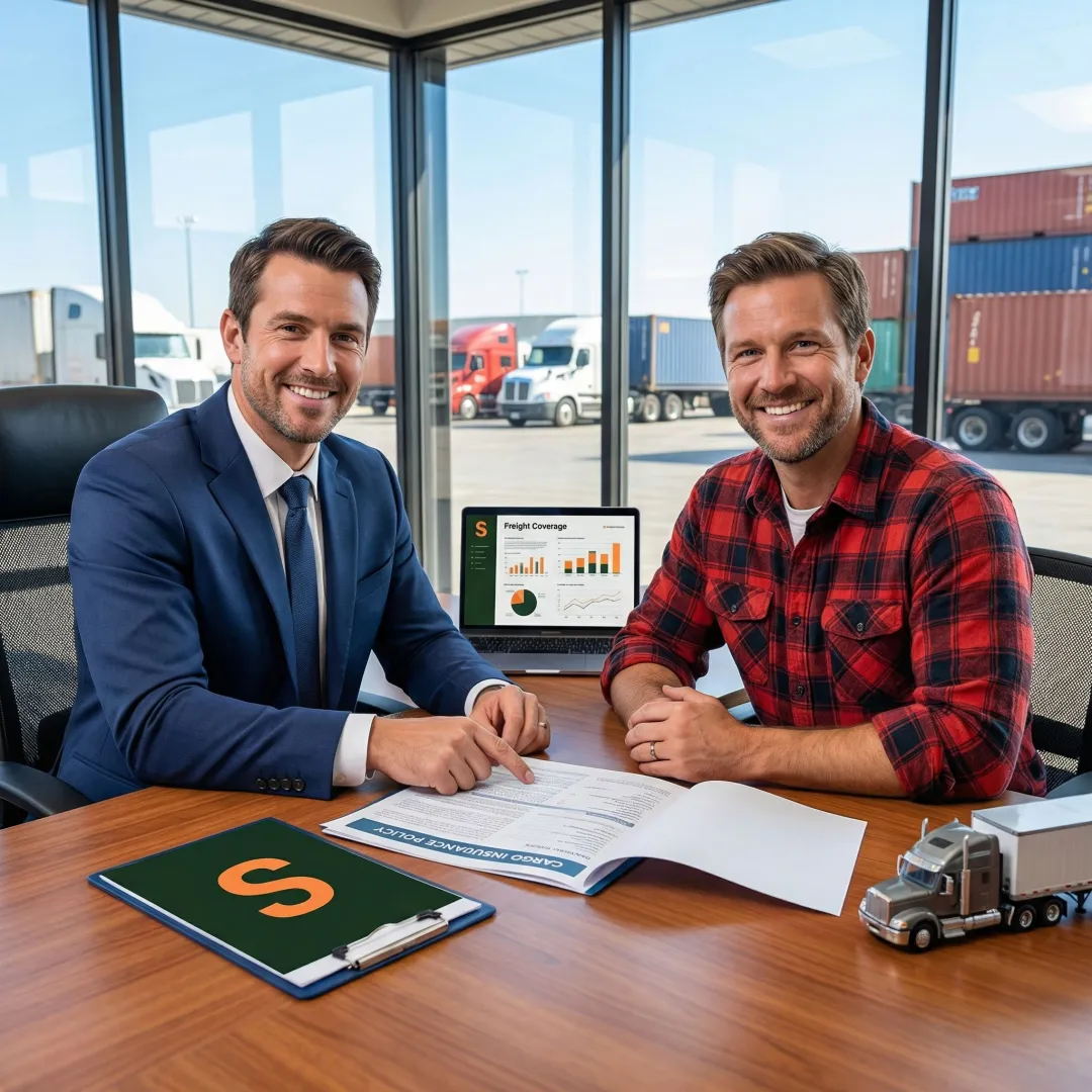 Insurance agent reviewing motor truck cargo policy documents with a truck driver