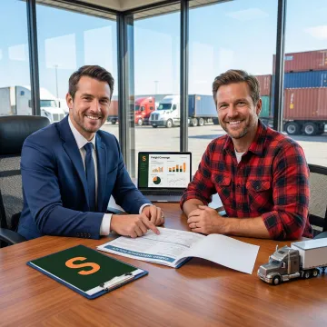 Insurance agent reviewing motor truck cargo policy documents with a truck driver