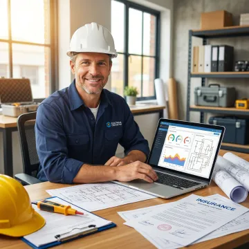Electrical contractor reviewing digital data and insurance coverage on a laptop at a job site office