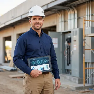 Electrical contractor using a tablet to manage digital job records and client information securely