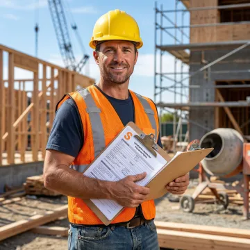 Contractor reviewing general liability insurance documents on a construction site in San Antonio