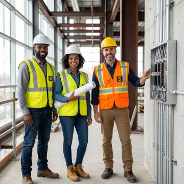 Electrical contracting team on a job site with safety helmets and equipment