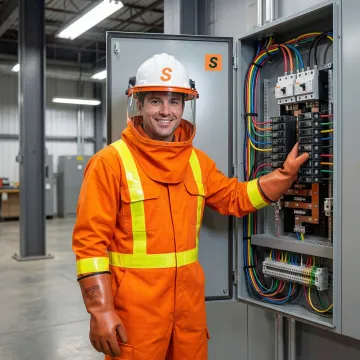 Electrician working on high-voltage panel with protective equipment at a commercial building