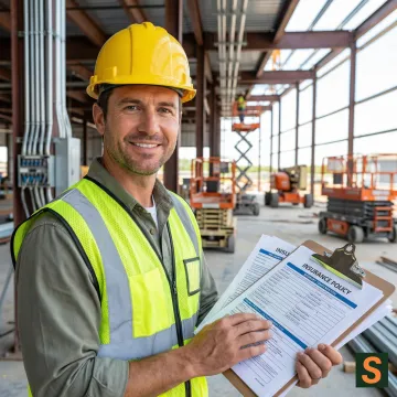 Electrical contractor in safety gear reviewing workers comp insurance documents at a job site