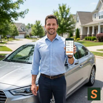 Driver reviewing affordable liability car insurance quotes on a smartphone beside their vehicle