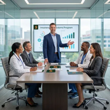 Insurance broker presenting a healthcare malpractice coverage plan to a medical group